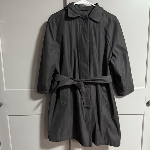 London Fog Petite Hooded Button Front Trench Coat Waist Tie Black 2P Detective - Picture 1 of 6